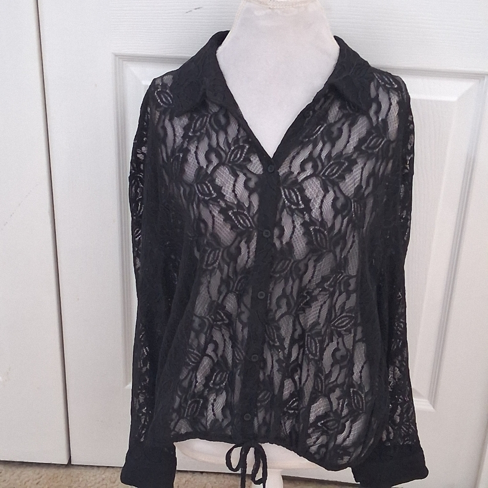 NWT Adrianna Papell Black Lace Blouse    Size XL
